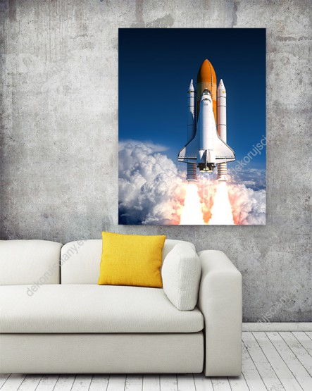 Wizualizacja obrazu z widokiem na statek kosmiczny startujący w przestrzeń kosmiczną. Obraz do pokoju młodzieżowego, sypialni, salonu, gabinetu, biura.
