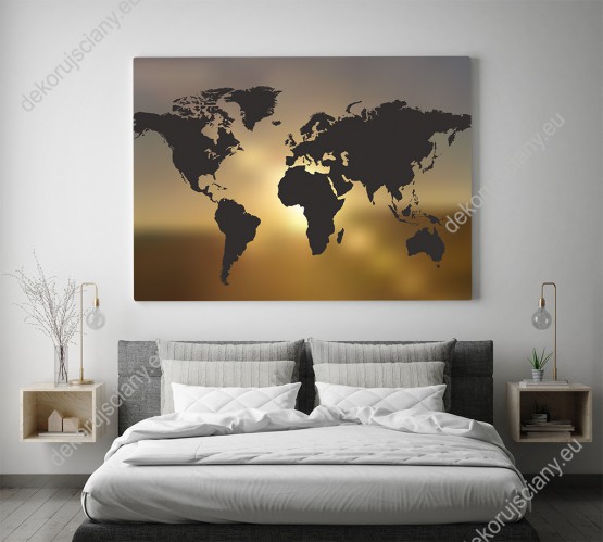 Wizualizacja obrazu do pokoju młodzieżowego, dziennego, salonu, sypialni, biura przedstawiający mapę świata na tle zachodzącego słońca.