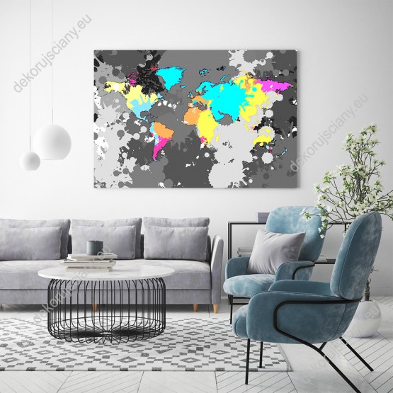 Wzornik obrazu do pokoju młodzieżowego, sypialni lub biura przedstawiający mapę świata w nowoczesnym stylu z kolorowymi kontynentami na szarym tle.