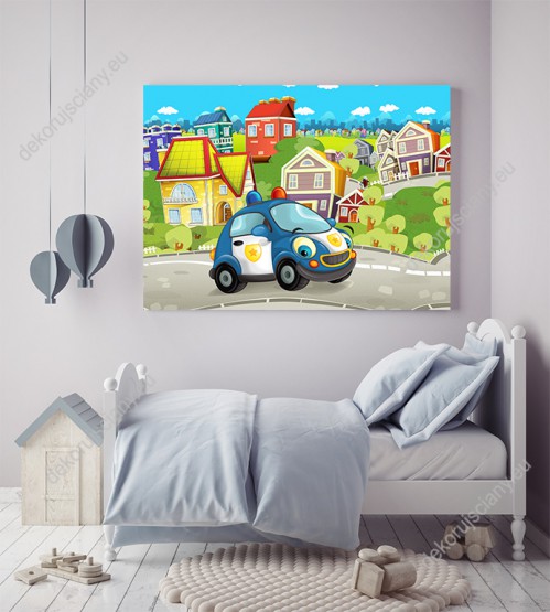 Wzornik obrazu do pokoju dziecięcego. Uśmiechnięty samochód policyjny jeździ ulicami miasta.