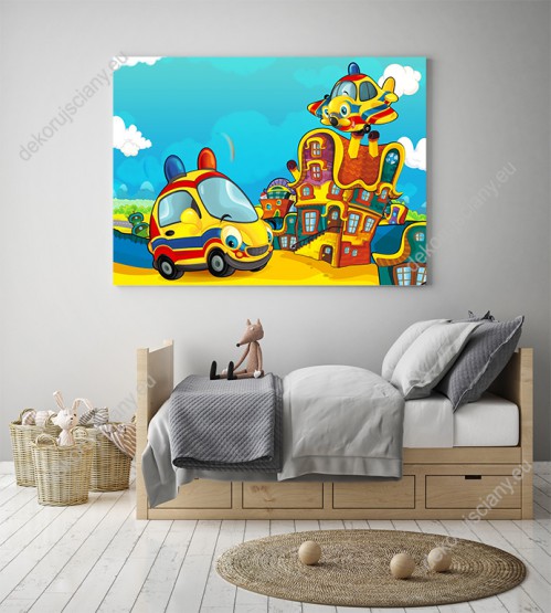 Wizualizacja, kolorowy obraz do pokoju dziecięcego z kreskówki. Obraz przedstawia ambulansowy, uśmiechnięty samochód i wesoły samolot.