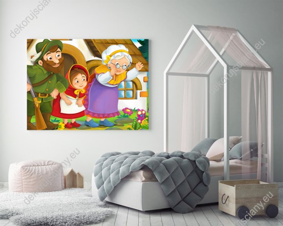 Wizualizacja obrazu do pokoju dziecięcego z motywem bajkowym o Czerwonym Kapturku. Na fototapecie są postacie Czerwonego Kapturka, babci i gajowego.