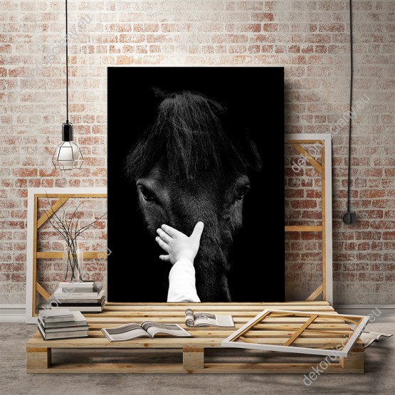 Wizualizacja, czarno-biały obraz przedstawia rękę dziecka głaszczącą głowę czarnego konia. Obraz do pokoju dziennego, dziecięcego, młodzieżowego, sypialni, salonu, biura, gabinetu, przedpokoju i jadalni.