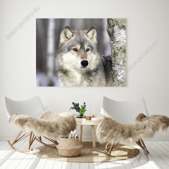 Wizualizacja obrazu do pokoju dziennego, dziecięcego, młodzieżowego, sypialni, salonu, biura, gabinetu, przedpokoju i jadalni przedstawiający wilka zaglądającego zza pnia drzewa.