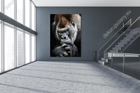 Wizualizacja obrazu do pokoju dziennego, młodzieżowego, sypialni, salonu, biura, gabinetu, przedpokoju i jadalni przedstawiający dużego, potężnego goryla.