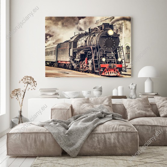 Wizualizacja obrazu ze starym pociągiem parowym w stylu retro. Obraz do pokoju dziennego, sypialni, salonu, biura, gabinetu, przedpokoju i jadalni.