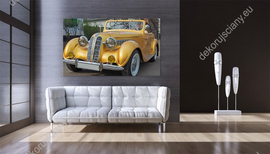 Wizualizacja obrazu z żółtym samochodem retro przeznaczony do pokoju młodzieżowego, salonu, biura lub sypialni.