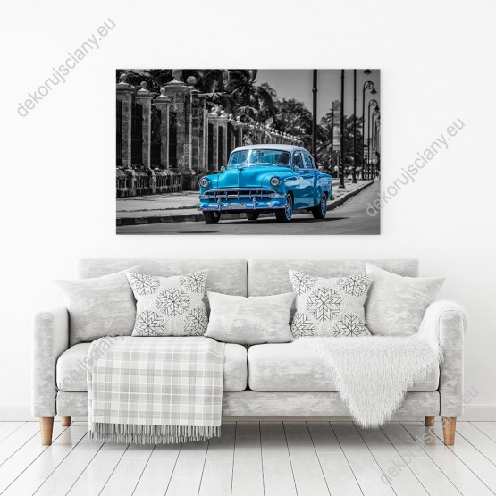 Wizualizacja Obraz przedstawia niebieski, klasyczny samochód Amerykański na ulicach Havany, na Kubie. Obraz do pokoju dziennego, sypialni, salonu, biura, gabinetu, przedpokoju i jadalni.