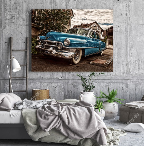 Wizualizacja obrazu do pokoju dziennego, sypialni, salonu, biura, gabinetu, przedpokoju i jadalni, przedstawiający retro samochód, starego, niebieskiego cadillaca.
