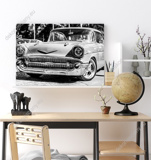 Wizualizacja, czarno-biały obraz przedstawiający amerykański stary samochód w stylu retro. Obraz do pokoju dziennego, sypialni, salonu, biura, gabinetu, przedpokoju i jadalni.