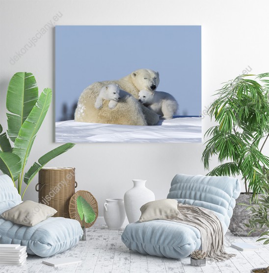 Wizualizacja obrazu w zimowym klimacie z widokiem rodziny niedźwiedzi polarnych, mamy i dzieci tulących się do siebie w śniegu. Obraz do pokoju dziennego, dziecięcego, młodzieżowego, sypialni, salonu, biura, gabinetu, przedpokoju i jadalni.