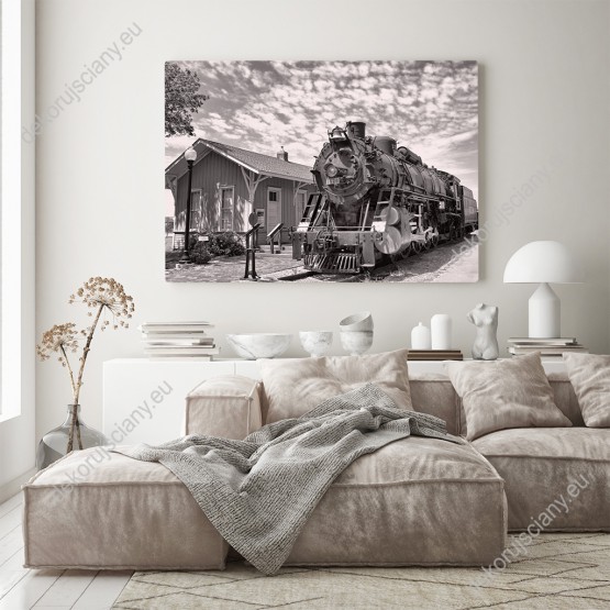 Wizualizacja obrazu z widokiem lokomotywy parowej w barwach czarno-białych. Obraz do pokoju młodzieżowego, salonu, sypialni, pokoju dziennego, gabinetu, biura.