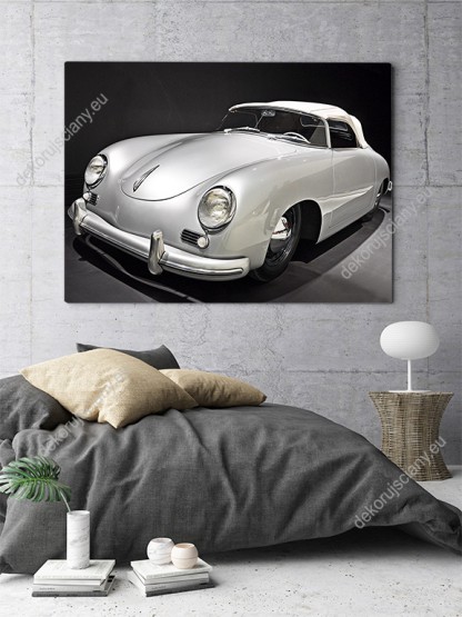 Wizualizacja, czarno-biały obraz do pokoju dziennego, sypialni, salonu, biura, gabinetu, przedpokoju i jadalni przedstawia zabytkowy, retro samochód.