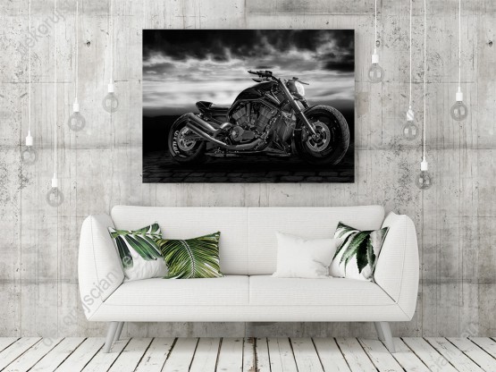 Wizualizacja, czarno-biały obraz z motocyklem na tle burzowego nieba, przeznaczony do pokoju młodzieżowego, biura, sypialni, gabinetu, salonu.
