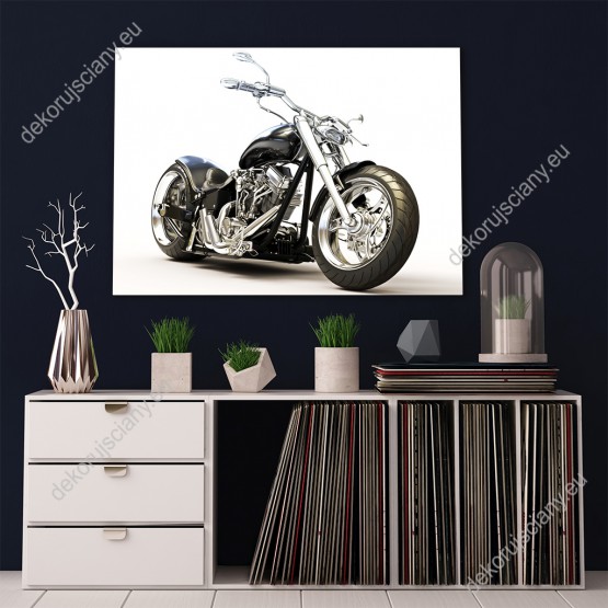 Wizualizacja obrazu w nowoczesnym stylu przedstawia czarny motocykl, chopper na białym tle. Obraz do pokoju dziennego, młodzieżowego, sypialni, salonu, biura, gabinetu, przedpokoju i jadalni.