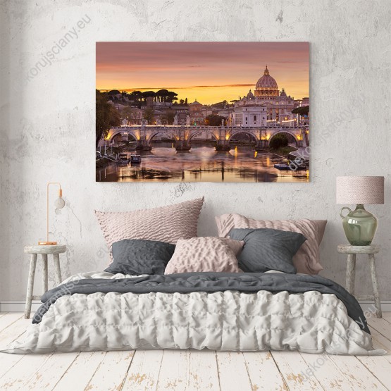 Wizualizacja obrazu z widokiem na Rzym w pięknej scenerii zachodzącego słońca. Obraz do pokoju dziennego, sypialni, salonu, biura, gabinetu, przedpokoju i jadalni