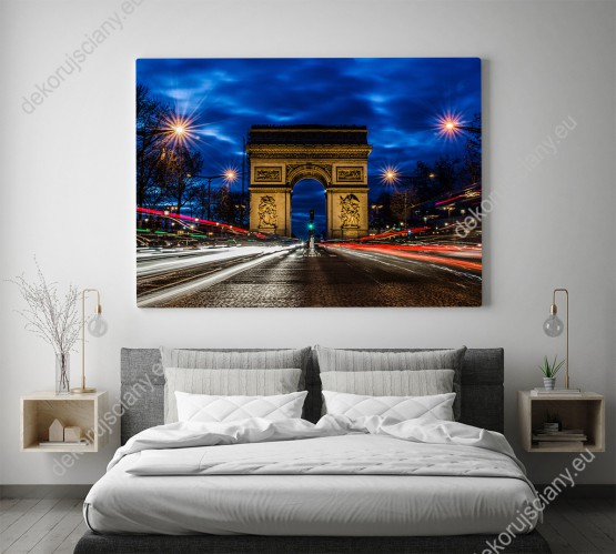 Wizualizacja obrazu z widokiem na Paryski Łuk Triumfalny nocą. Obraz do pokoju dziennego, sypialni, salonu, biura, gabinetu, przedpokoju i jadalni.