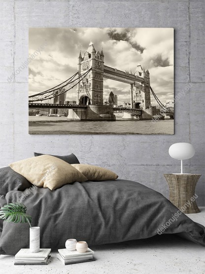 Wizualizacja obrazu z widokiem na most londyński Tower Bridge w sepii. Obraz do pokoju dziennego, sypialni, salonu, biura, gabinetu, przedpokoju i jadalni.