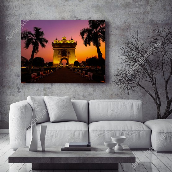 Wizualizacja obrazu z widokiem na łuk triumfalny o zachodzie słońca otoczony palmami. Obraz do pokoju dziennego, sypialni, salonu, biura, gabinetu, przedpokoju i jadalni.