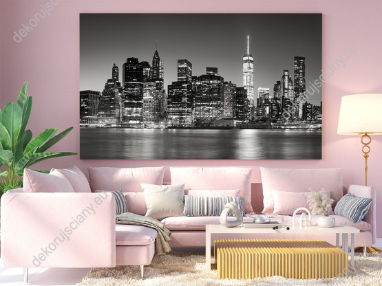 Wizualizacja, czarno-biały obraz z widokiem na wieżowce Manhattanu w USA. Obraz do pokoju dziennego, młodzieżowego, salonu, biura, gabinetu, sypialni, przedpokoju i jadalni.