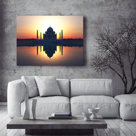 Wizualizacja obrazu z widokiem Taj Mahal o zachodzie słońca. Obraz do sypialni, pokoju wypoczynkowego, salonu, biura, gabinetu.
