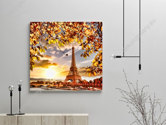 Wizualizacja obrazu z widokiem Wieży Eiffela w Paryżu w jesiennej aurze. Obraz będzie ładnie wyglądał na ścianie w pokoju młodzieżowym, salonie, dziennym, sypialni, jadalni czy biurze.