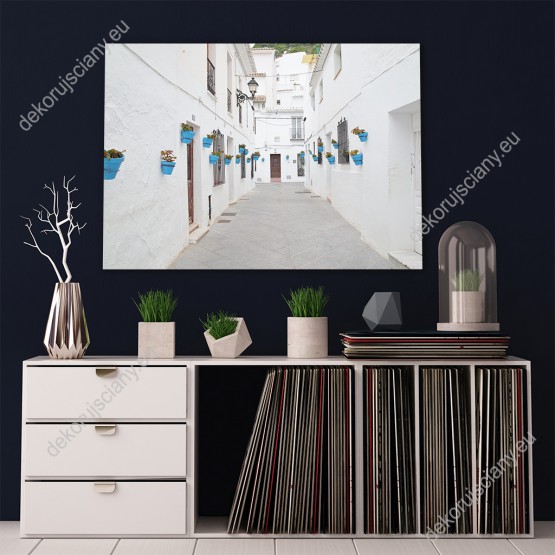 Wizualizacja obrazu z widokiem ulicy miasta w Andaluzji, w Hiszpanii. Białe domy zdobią niebieskie doniczki z kwiatami. Obraz przeznaczony do salonu, sypialni, pokoju dziennego, biura, gabinetu, przedpokoju.