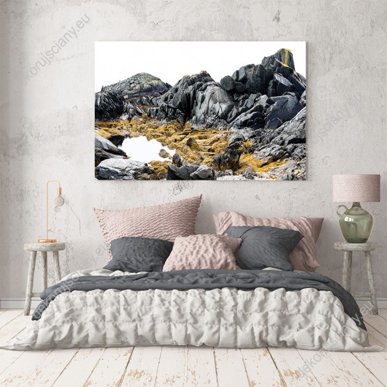 Wizualizacja obrazu ze skalnym wybrzeżem w Kanadzie, w odcieniu szaro-żółtym. Obraz przeznaczony do salonu, sypialni, przedpokoju, biura, pokoju młodzieżowego.