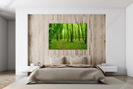 Wizualizacja obrazu z widokiem zielonego lasu wiosną. Obraz przeznaczony do salonu, sypialni, pokoju dziennego, młodzieżowego, gabinetu, biura, przedpokoju.