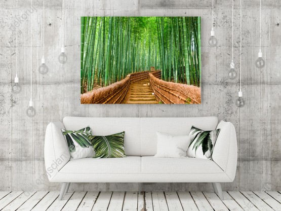 Wizualizacja, długie schody tworzące most w lesie bambusowym. Obraz świetnie ozdobi pokoje, salony, sypialnie, gabinety czy biura. Miejsce - Kioto, Japonia.