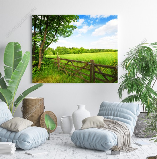 Wizualizacja obrazu z widokiem na zieloną łąkę za drewnianym płotem. Obraz do pokoju dziennego, sypialni, salonu, biura, gabinetu, przedpokoju i jadalni.