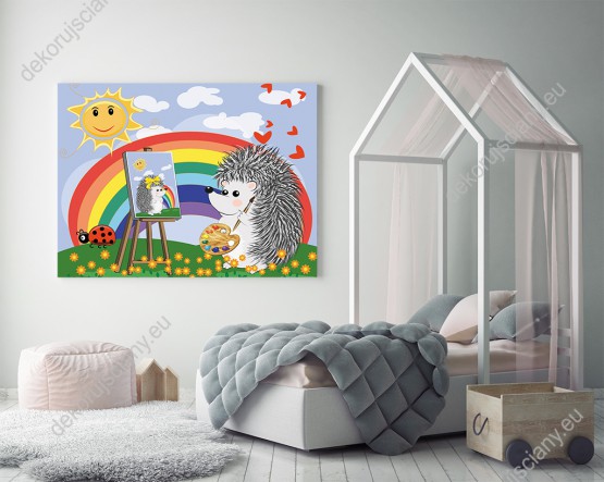 Wizualizacja obrazu do pokoju dziecięcego z jeżem artystą malującym obraz na kolorowej, wiosennej łące.