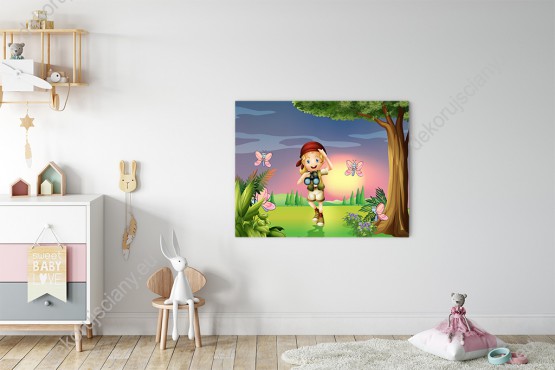 Wizualizacja obrazu do pokoju dziecięcego z dziewczynką obserwującą motyle na wiosennej łące.