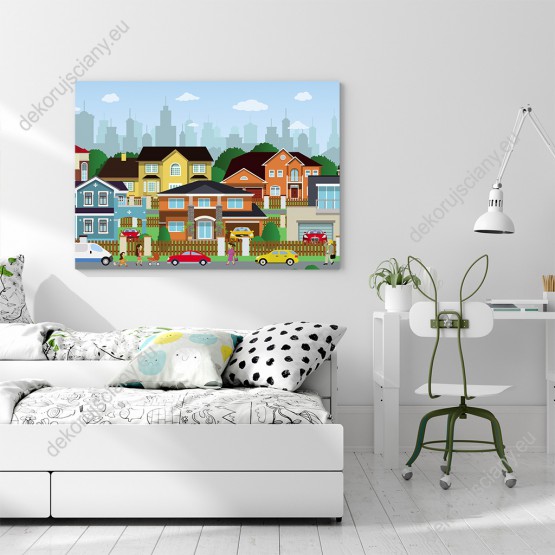 Wizualizacja obrazu do pokoju dziecięcego przedstawiający ulicę miasta z kolorowymi budynkami.