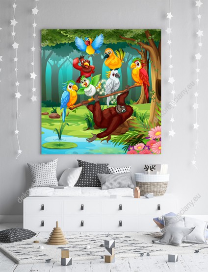 Wizualizacja obrazu do pokoju dziecięcego przedstawiający wesołe, kolorowe papugi i orangutana w egzotycznej dżungli.