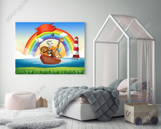 Wizualizacja obrazu do pokoju dziecięcego z wesołymi dzikimi zwierzętami. Lew, żyrafa, miś, lemur, papuga, kura i koń płyną łodzią na tle tęczy i latarni morskiej.