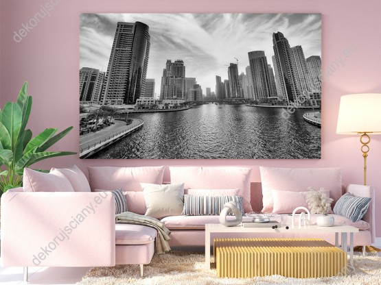 Wizualizacja, czarno-biały obraz z widokiem wieżowce Dubaj Marina w Zjednoczonych Emiratach Arabskich. Obraz do pokoju dziennego, sypialni, salonu, biura, gabinetu, przedpokoju i jadalni.