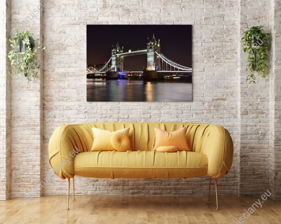 Wizualizacja obrazu z widokiem na most Tower Bridge nocą w Londynie. Obraz do pokoju młodzieżowego, sypialni, salonu, pokoju dziennego, biura, gabinetu, przedpokoju.