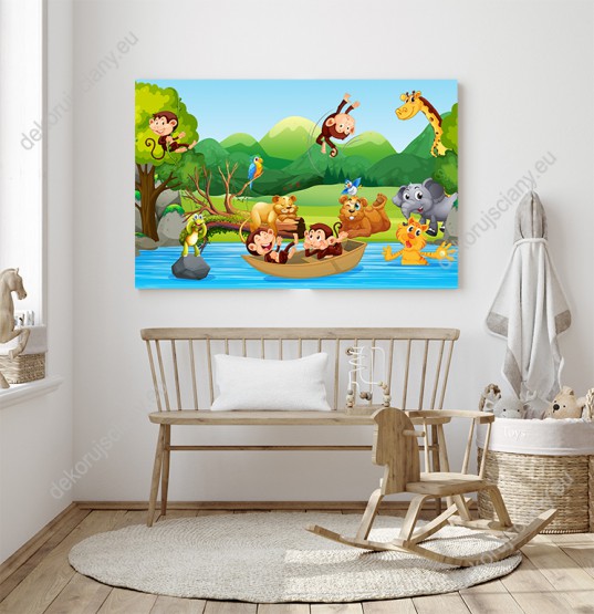 Wizualizacja obrazu do pokoju dziecięcego przedstawiające wesołe dzikie zwierzęta. Słoń, żyrafa, kot, małpki, lwica, miś i żółw odpoczywające przy rzece.
