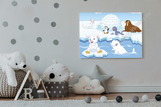Wizualizacja obrazu do pokoju dziecięcego ze zwierzętami Arktyki: misiem, foką, lisem polarnym, pingwinem oraz morsem i ich śniegowy domek, iglo.