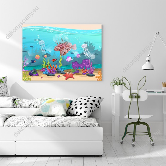 Wizualizacja obrazu do pokoju dziecięcego z widokiem pięknych podwodnych krajobrazów, kolorowych ryb i rafy koralowej.