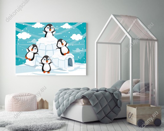 Wizualizacja obrazu do pokoju dziecięcego w zimowym klimacie ze słodkimi pingwinami i ich śniegowym domkiem, iglo.