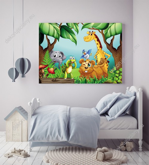 Wizualizacja obrazu do pokoju dziecięcego zwierzęcych przyjaciół z dżungli: żyrafa, słoń, ptak, miś i żółw.