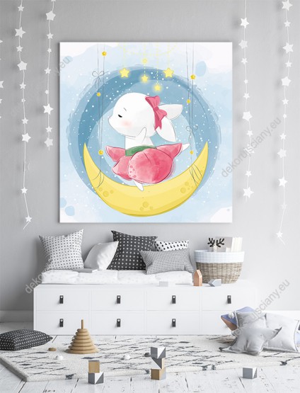 Wizualizacja obrazu do pokoju dziecięcego z królikiem tańczącym na księżycu na tle gwiazd i nocnego nieba.