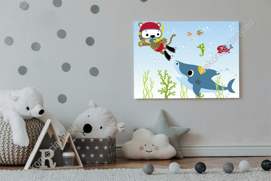 Wizualizacja obrazu do pokoju dziecięcego z kotem nurkującym z rekinem, rybkami i innymi morskimi stworzeniami.