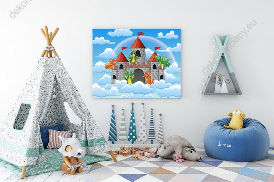 Wizualizacja obrazu do pokoju dziecięcego z fantastycznym, bajkowym zamkiem w chmurach i smokami.