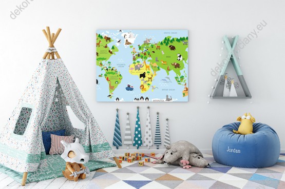 Wizualizacja obrazu do pokoju dziecięcego przedstawiająca kolorową mapę świata ze zwierzętami, ze wszystkich kontynentów.