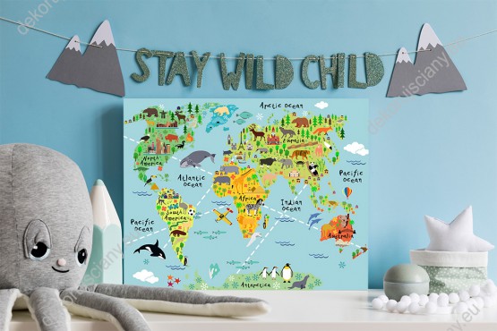 Wizualizacja obrazu do pokoju dziecięcego przedstawiająca kolorową mapę świata ze zwierzętami i charakterystycznymi elementami różnych krajów.