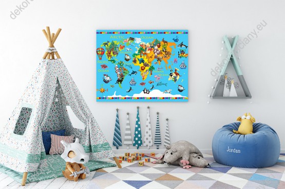 Wizualizacja obrazu do pokoju dziecięcego przedstawiająca mapę świata z kolorowymi zwierzętami wszystkich kontynentów i środkami transportu.
