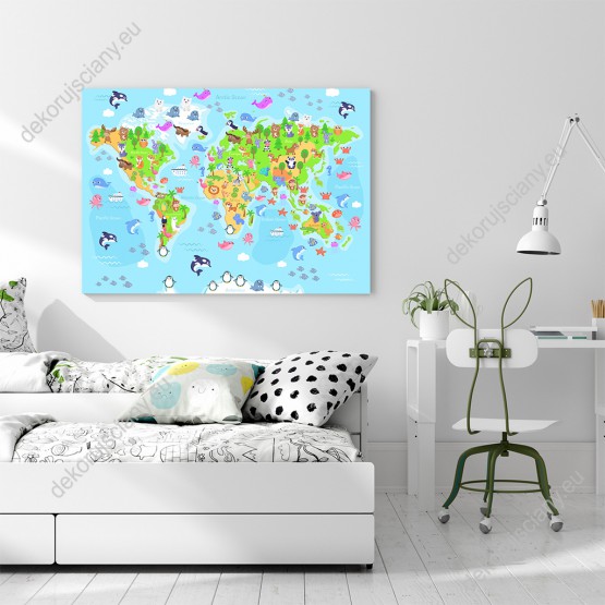 Wizualizacja obrazu do pokoju dziecięcego przedstawiająca mapę świata z kolorowymi zwierzętami wszystkich kontynentów, na tle mórz i oceanów.